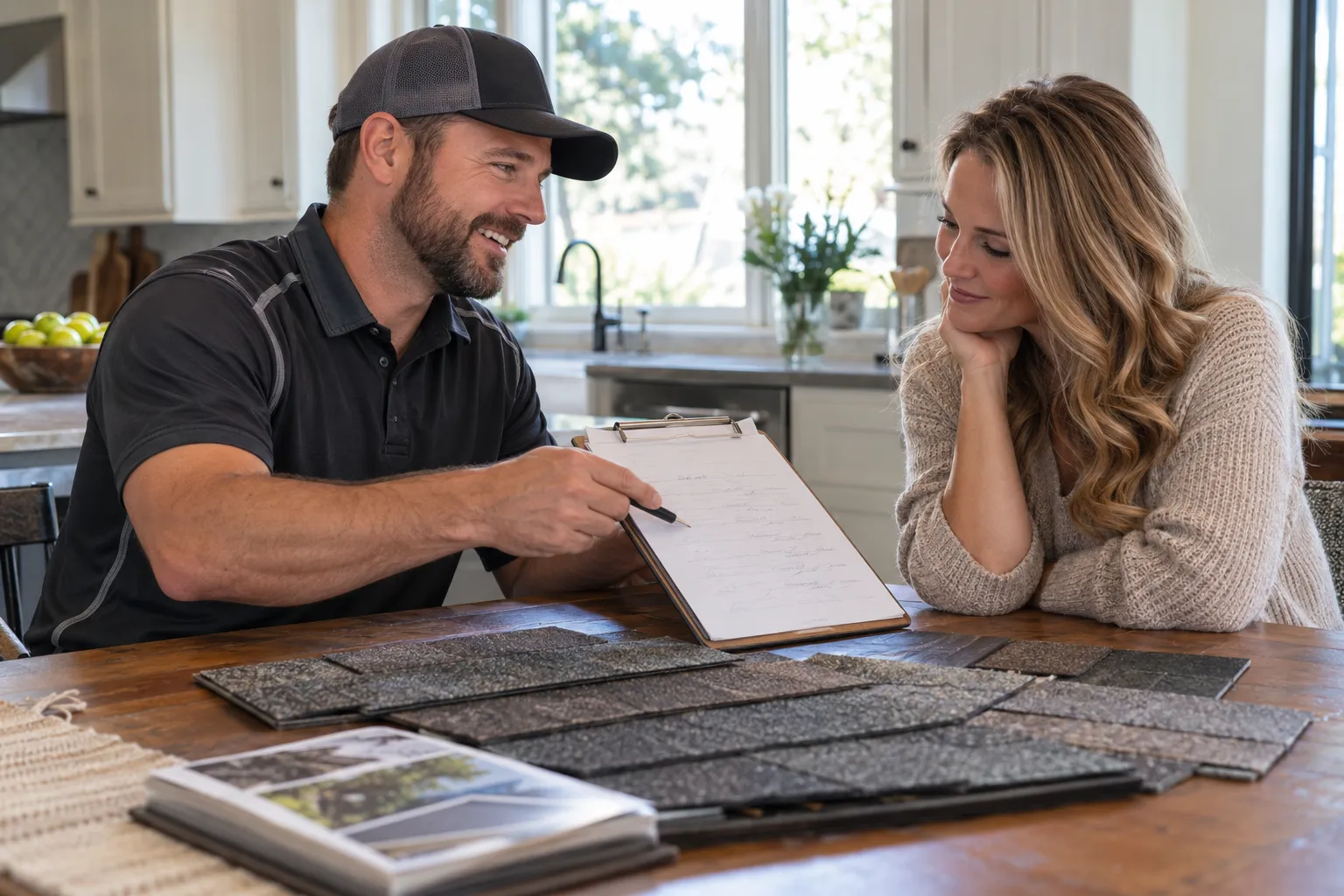 A roofer reviewing an estimate with a homeowner near Brewster