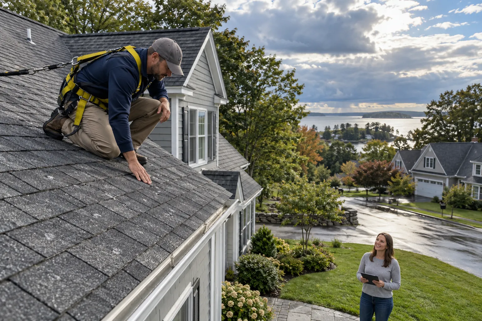 Local roofing provider inspecting a storm-damaged shingle roof on a Brewster home